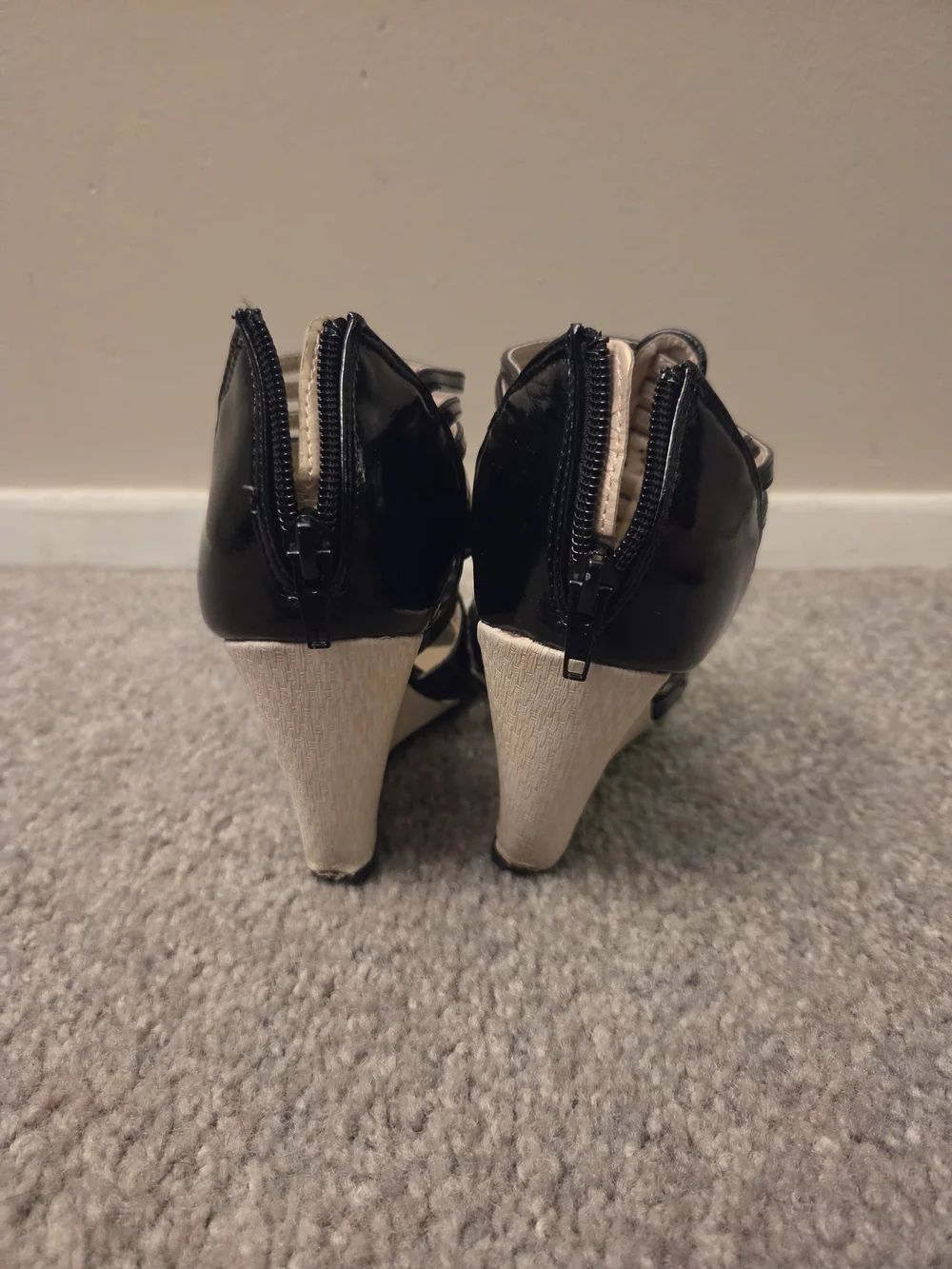 Women's Black Strappy Patent Wedge Sandals
